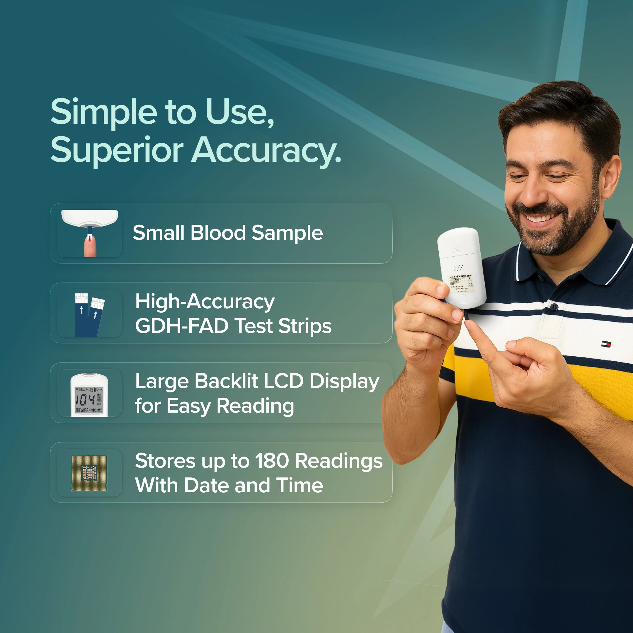 BeatO Star Sugar Test Machine | FREE 25 Strips and 10 Lancets | Easy Blood Sugar Testing at Home | Superior Accuracy GDH-FAD Technology Test Strips | Large Backlit Display | ISO Certified: Made in India