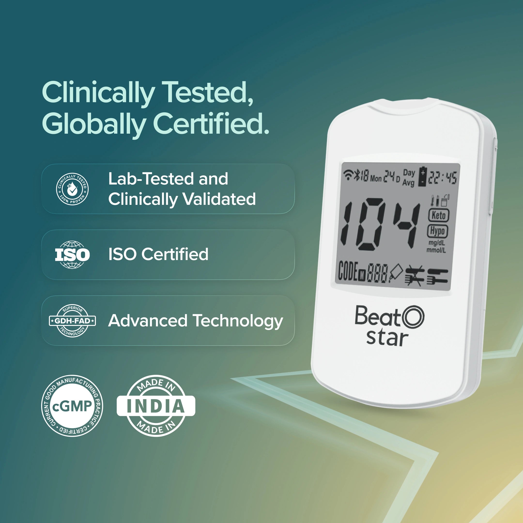 BeatO Star Sugar Test Machine | FREE 25 Strips and 10 Lancets | Easy Blood Sugar Testing at Home | Superior Accuracy GDH-FAD Technology Test Strips | Large Backlit Display | ISO Certified: Made in India