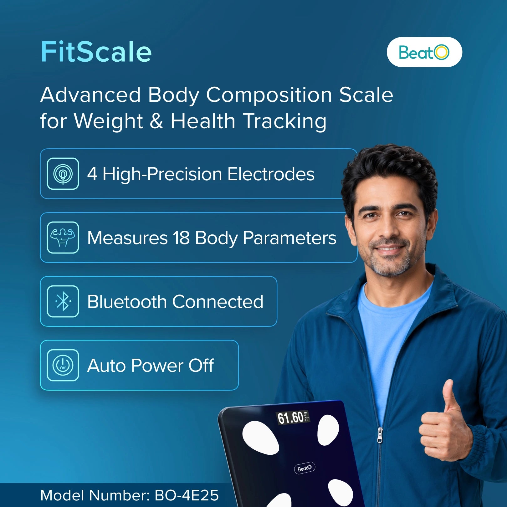 FitScale by BeatO Body Composition Scale | 4 Electrodes for Accuracy | 18 advanced metrics| Full body composition analysis  | Connects via Bluetooth to BeatO App| Android Only