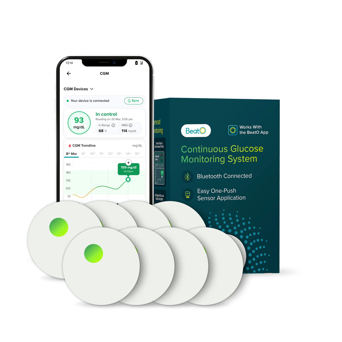 BeatO CGM Glucose Monitor for diabetes | 15-Day Glucose Tracking | Bluetooth Connected | AI Insights | No-Scan, One-Push Application