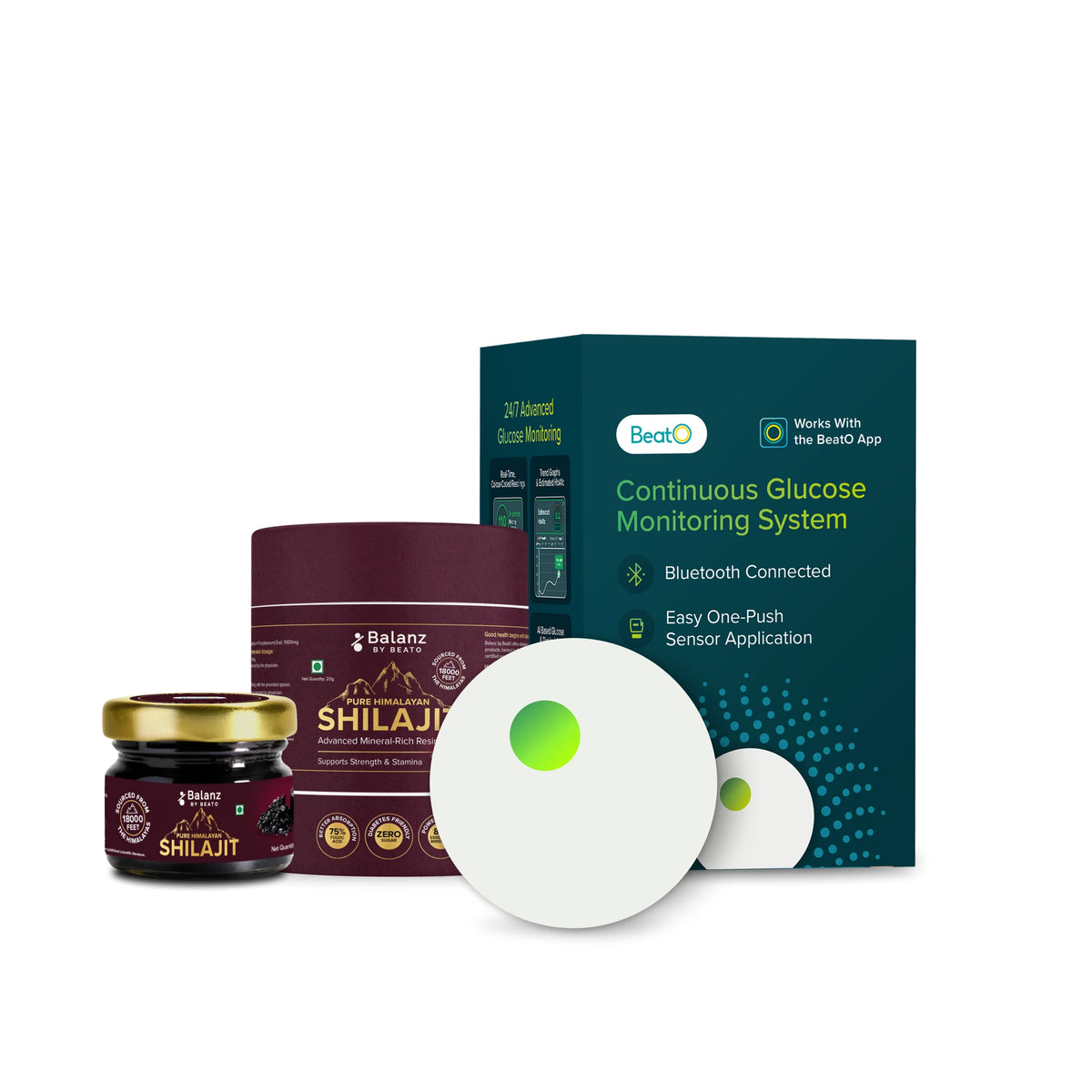 BeatO CGM Glucose Monitor 15 Days + Balanz by BeatO Pure Himalayan Shilajit Resin 20 g