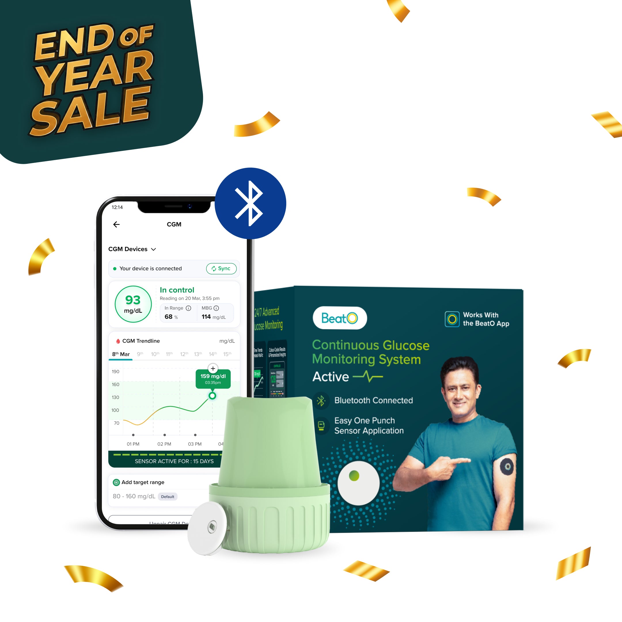 BeatO CGM Glucose Monitor for diabetes | Bluetooth Connected CGM Sugar Test Machine for home | 15-Day Glucose Tracking | No-Scan, One-Push Application