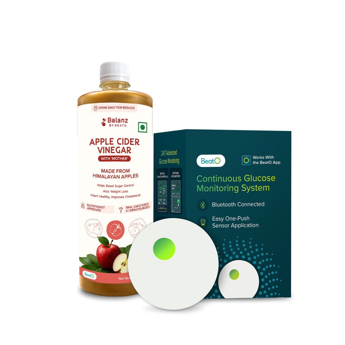 BeatO CGM Glucose Monitor 15 Days + Balanz by BeatO Apple Cider Vinegar with Mother 500 ml | Real Time Sugar Tracking | No Finger Pricks | Supports Blood Sugar Balance, Weight Management and Heart Health