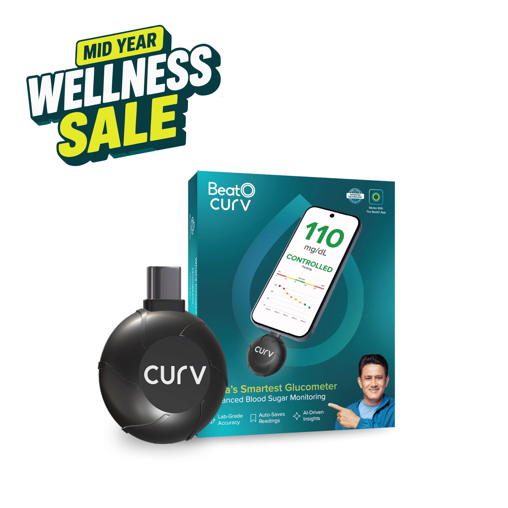 New BeatO CURV Glucometer FREE Strips & Lancets Type-C USB Connector | Android Only