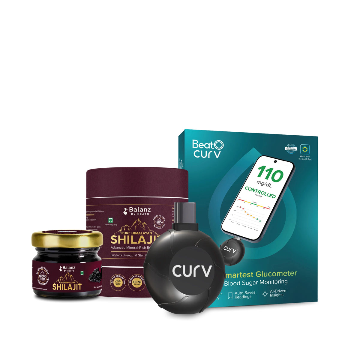BeatO Curv Glucometer + Balanz by BeatO Pure Himalayan Shilajit Resin 20 g | Accurate Blood Sugar Testing | FREE Strips & Lancets | Type-C USB | Boosts Energy, Stamina and Immunity