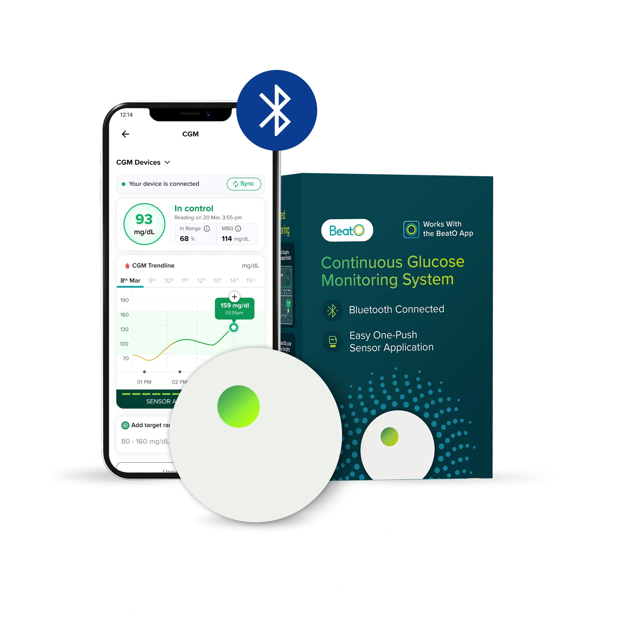 BeatO CGM Glucose Monitor for diabetes | Bluetooth Connected CGM Sugar Test Machine for home | 15-Day Glucose Tracking | No-Scan, One-Push Application