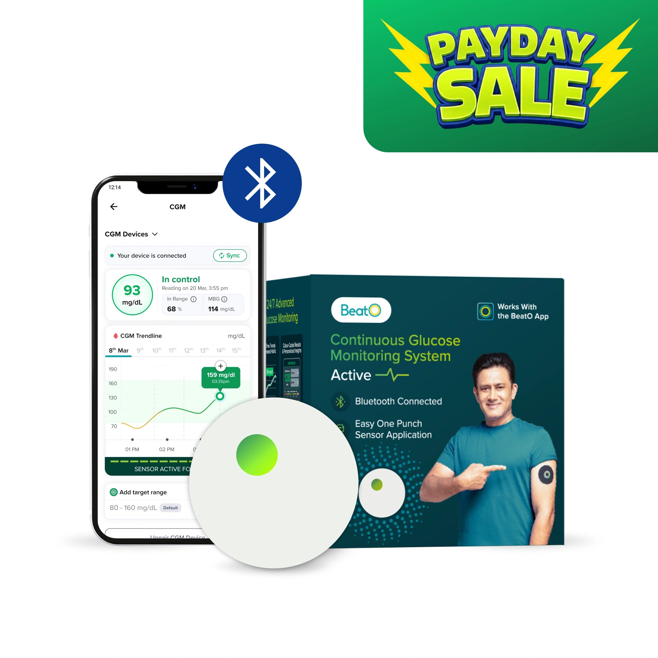 BeatO CGM Glucose Monitor for diabetes | Bluetooth Connected CGM Sugar Test Machine for home | 15-Day Glucose Tracking | No-Scan, One-Push Application