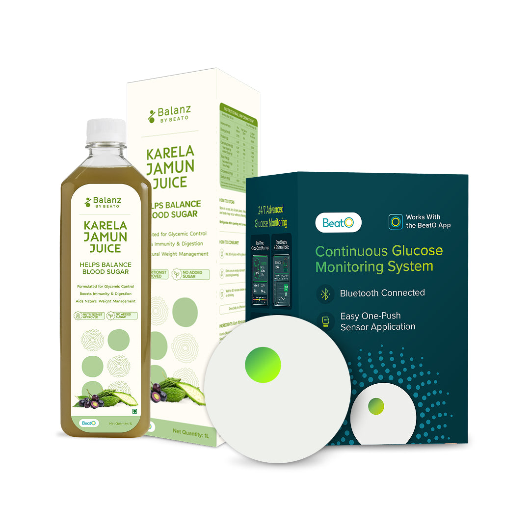 BeatO CGM Glucose Monitor 15 Days + Balanz by BeatO Karela Jamun Juice 1 L | Real Time Sugar Tracking | No Finger Pricks | Supports Blood Sugar Control, Digestion and Weight Management