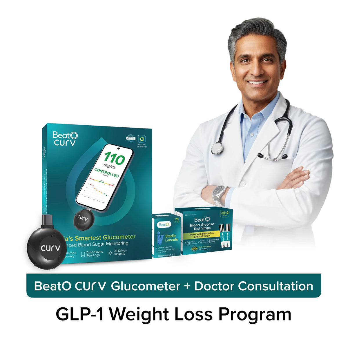 BeatO Curv Glucometer + FREE Weight Management Doctor Consultation | Lab-Grade Accuracy | Auto-Saves Readings | Glucose Trends | Weight Management & Metabolic Insights