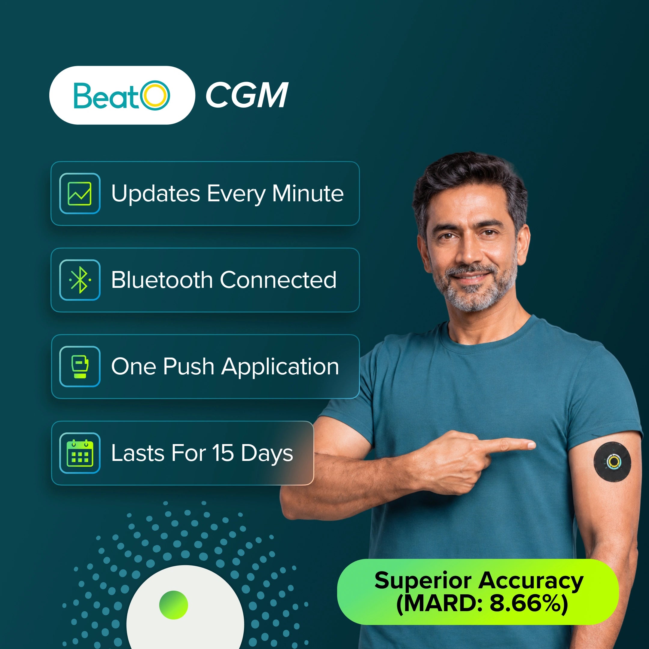 BeatO CGM Glucose Monitor for diabetes | Bluetooth Connected CGM Sugar Test Machine for home | 15-Day Glucose Tracking | No-Scan, One-Push Application