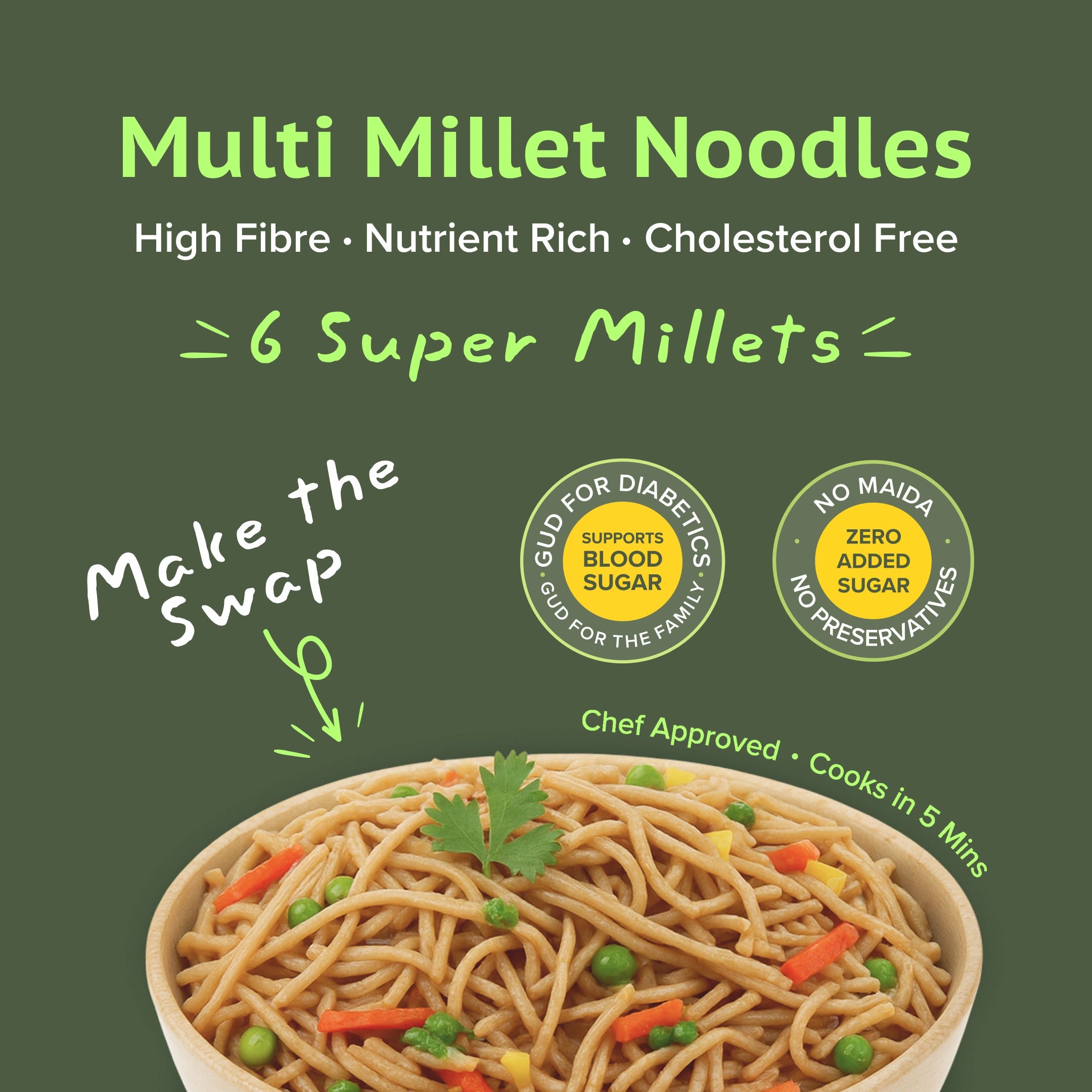 GudSwap by BeatO Multi Millet Noodles (150g) | Made with 6 Super Millets | High Fibre | No Maida | No Added Sugar | Cholesterol-Free