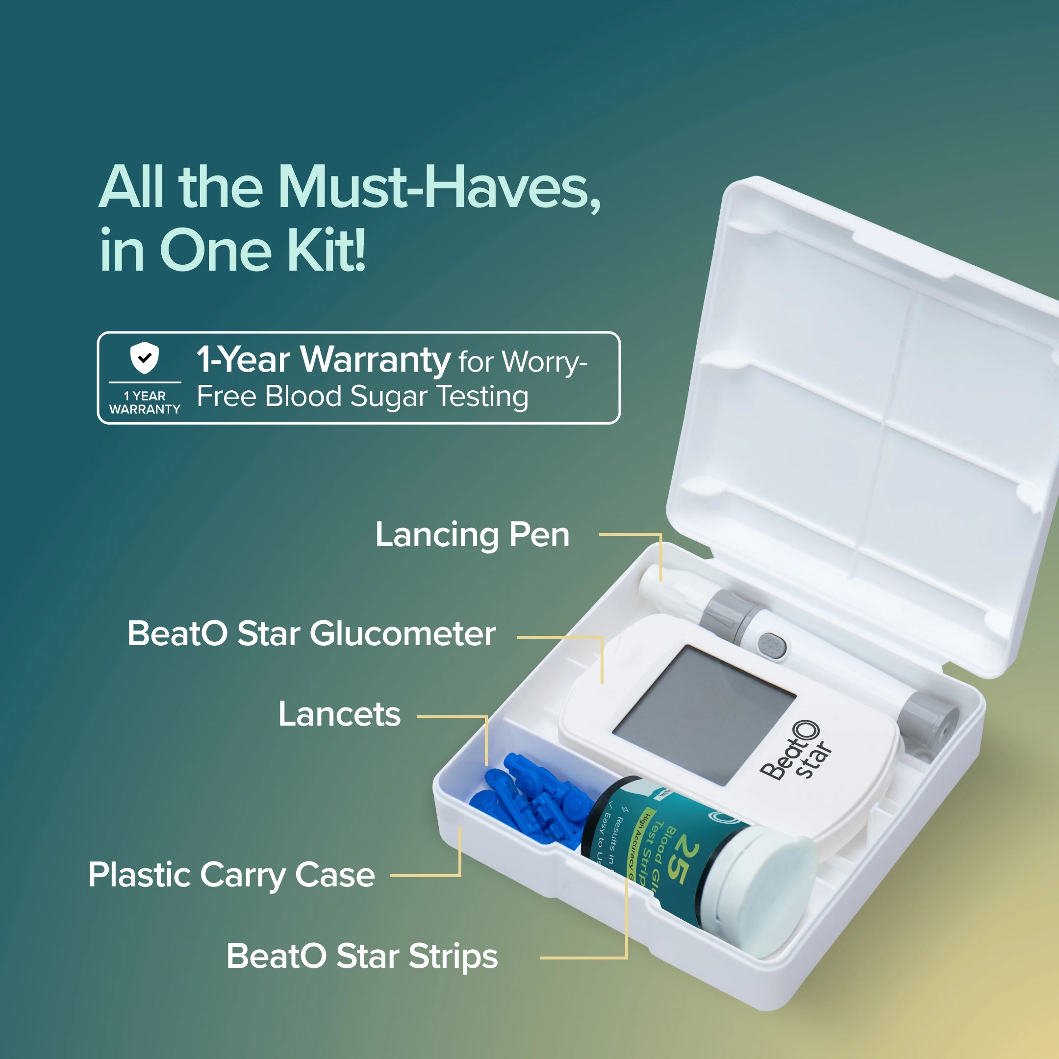 BeatO Star Sugar Test Machine | FREE 25 Strips and 10 Lancets | Easy Blood Sugar Testing at Home | Superior Accuracy GDH-FAD Technology Test Strips | Large Backlit Display | ISO Certified: Made in India