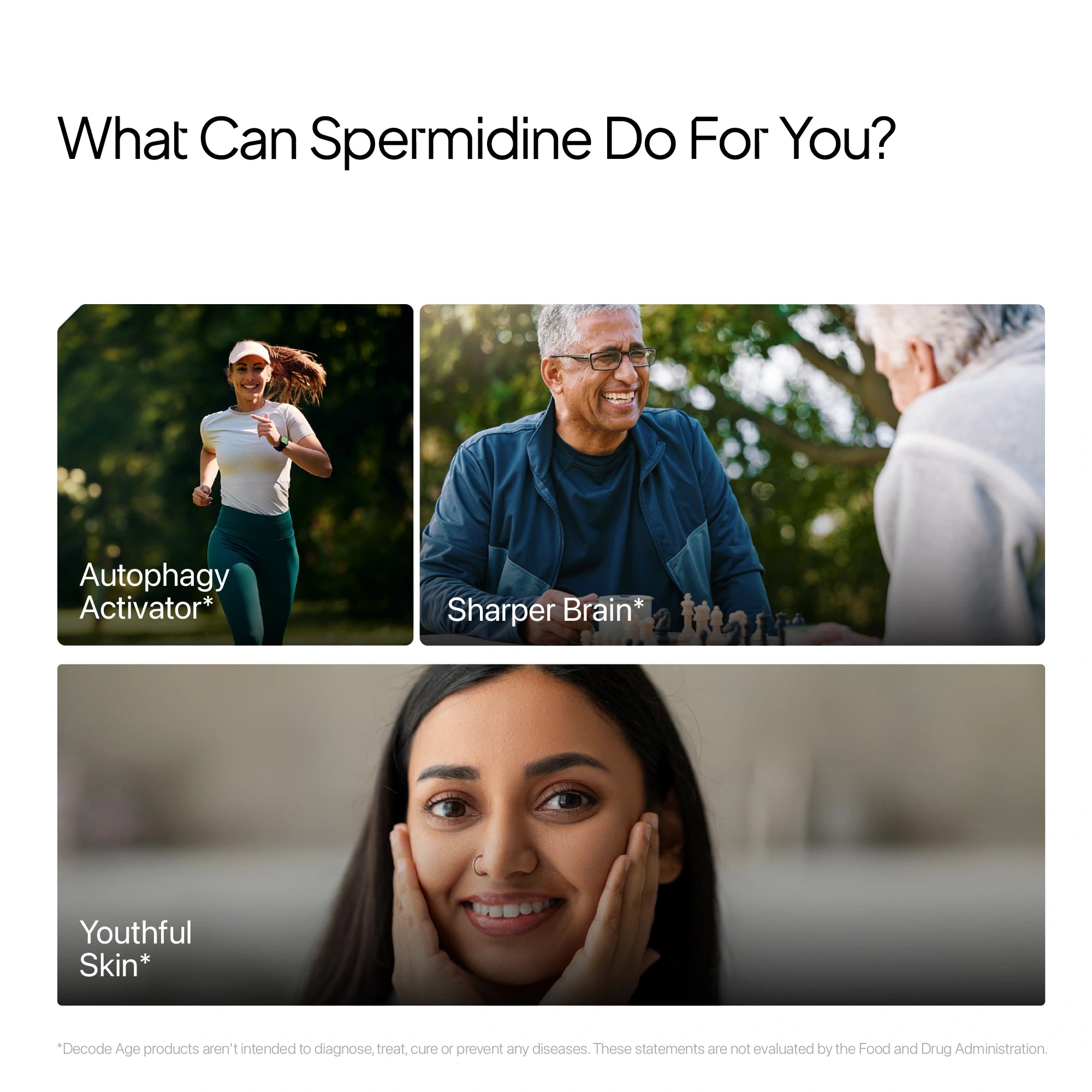Promotional graphic about the benefits of spermidine, featuring images of a woman running, a man playing chess, and a woman with youthful skin.