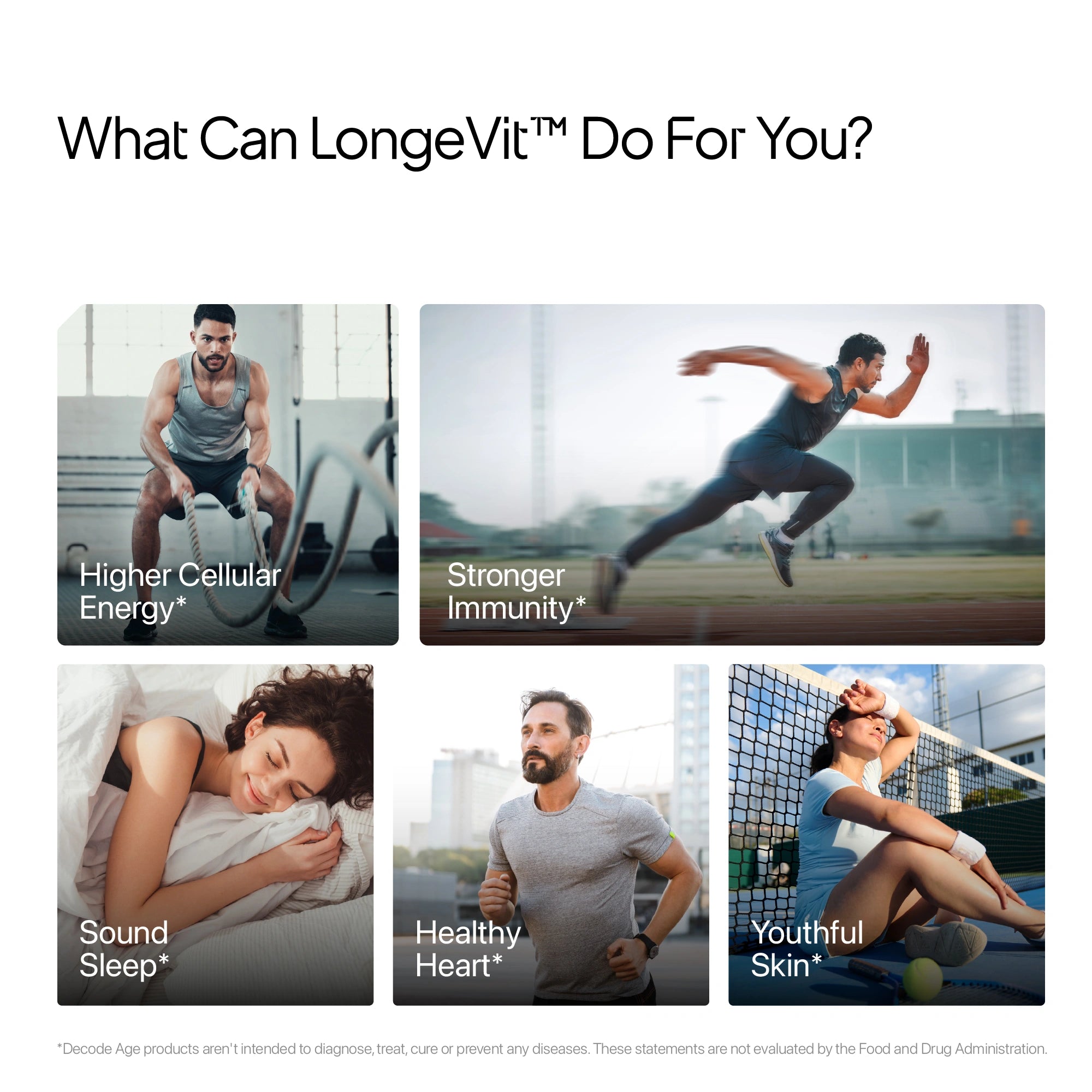Promotional graphic for LongeVit with lifestyle images and text highlighting product benefits.