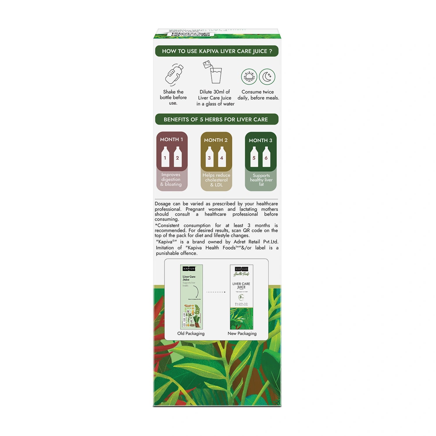 Kapiva Liver Care Juice packaging with usage instructions and benefits on a white background