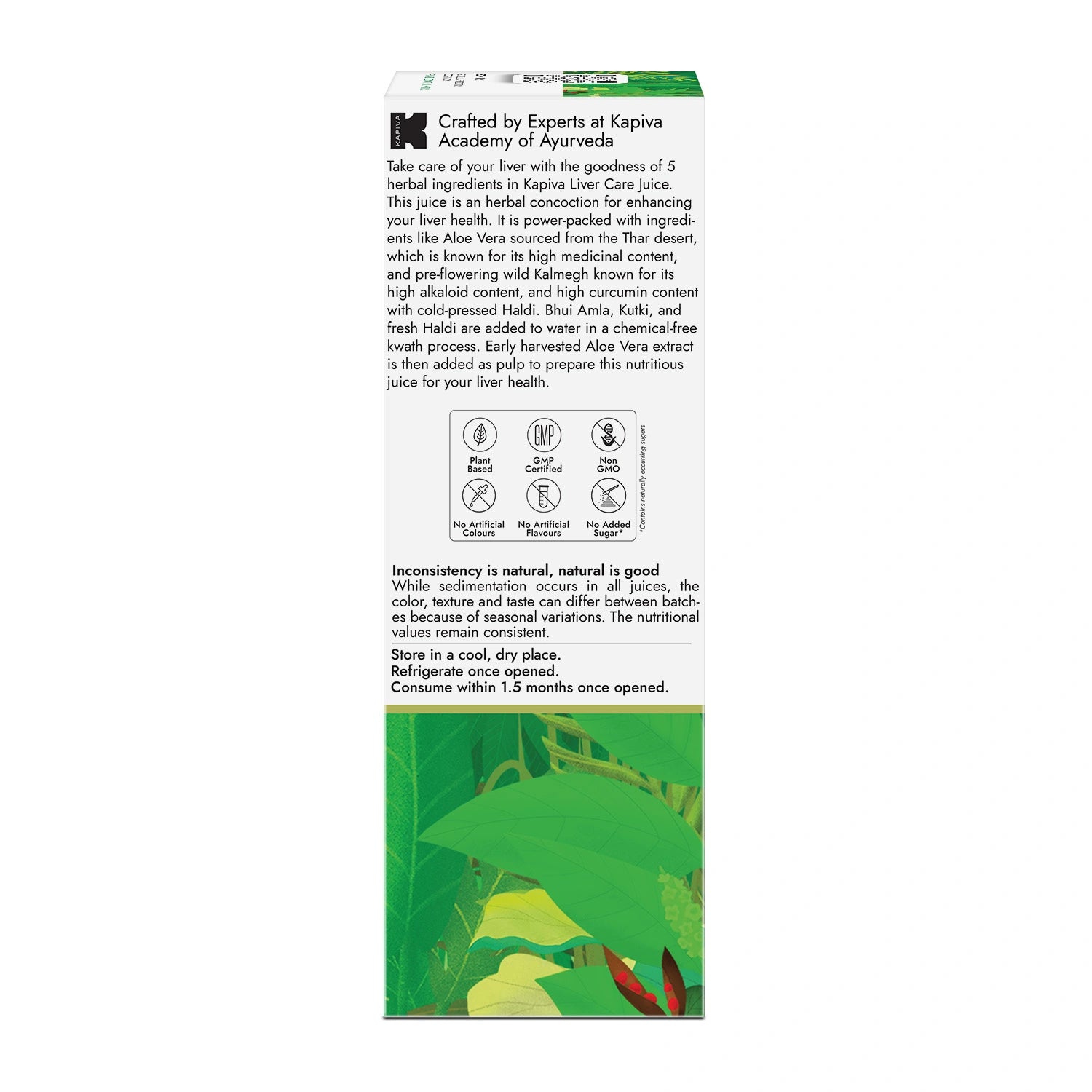 Back of a green herbal juice packaging with text and images of herbs on a white background