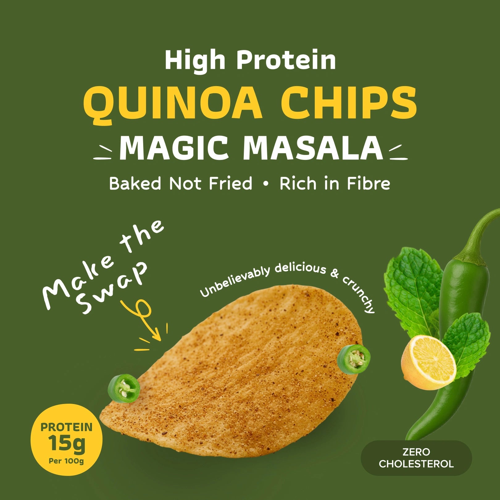 Quinoa chips with Magic Masala flavor on a green background, highlighting health benefits and ingredients.