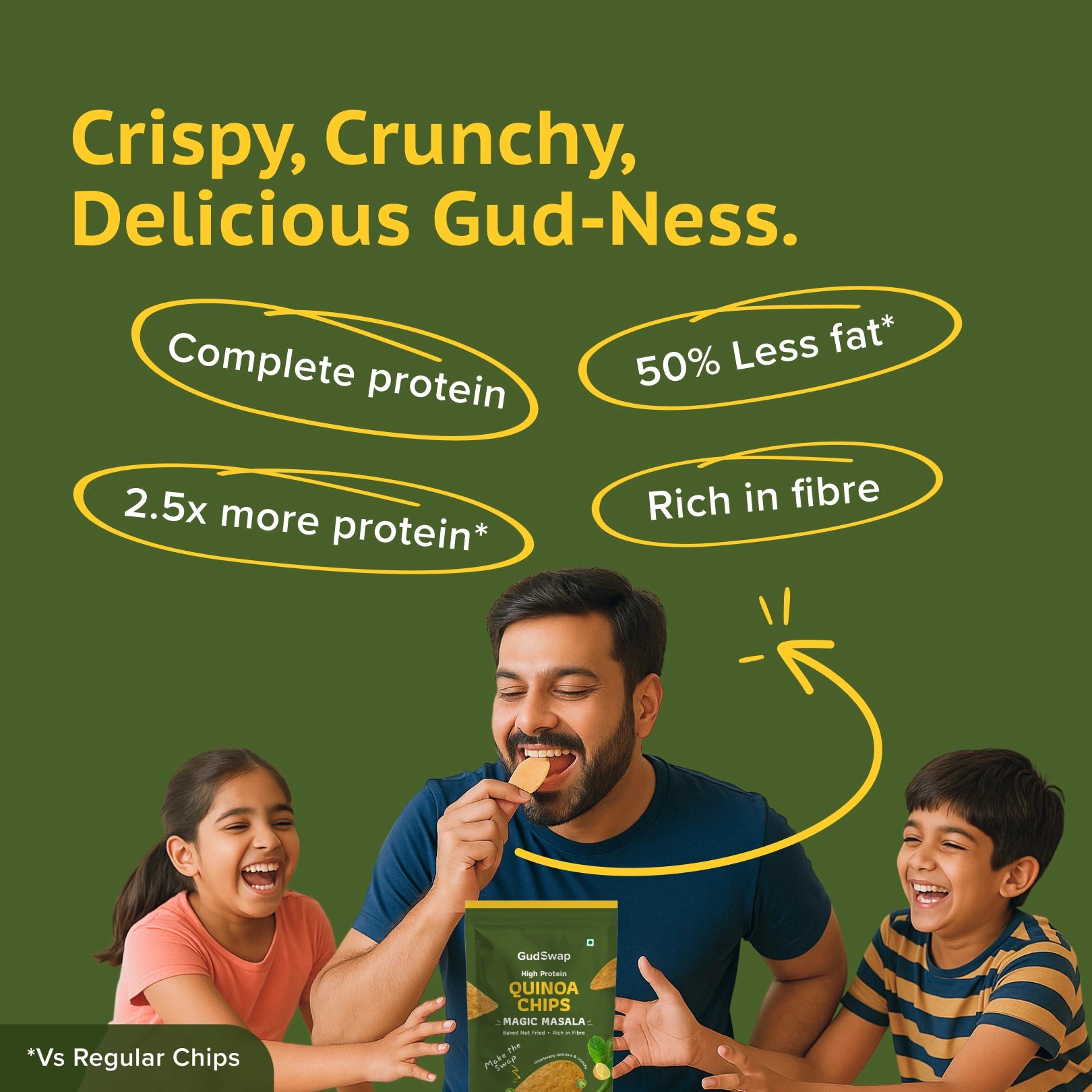 Man eating Gudrun chips with two children, highlighting health benefits on a green background.