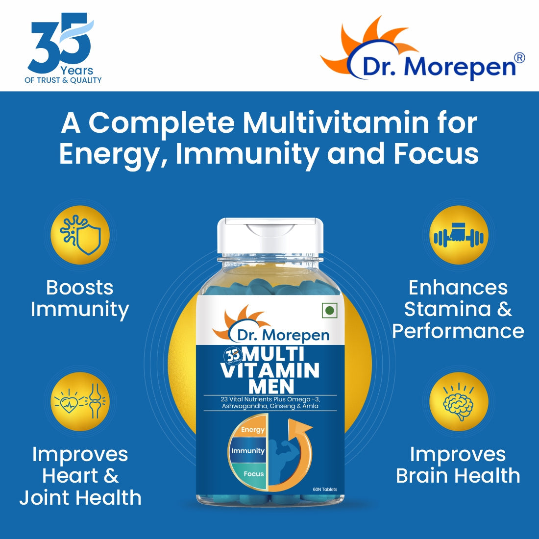 Dr. Morepen Multivitamins For Men With Omega 3 & Herbs | Energy & Immunity Booster Supplement - 60 Veg Tablets