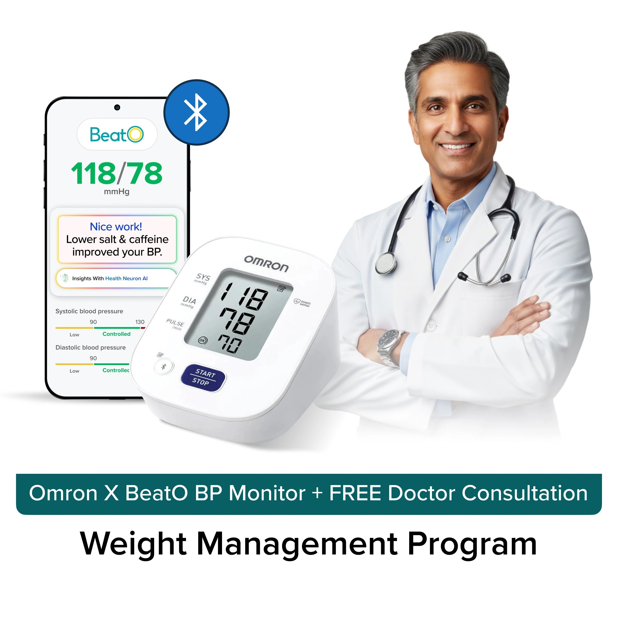 Omron blood pressure monitor with smartphone app and doctor in white coat, promoting weight management program.