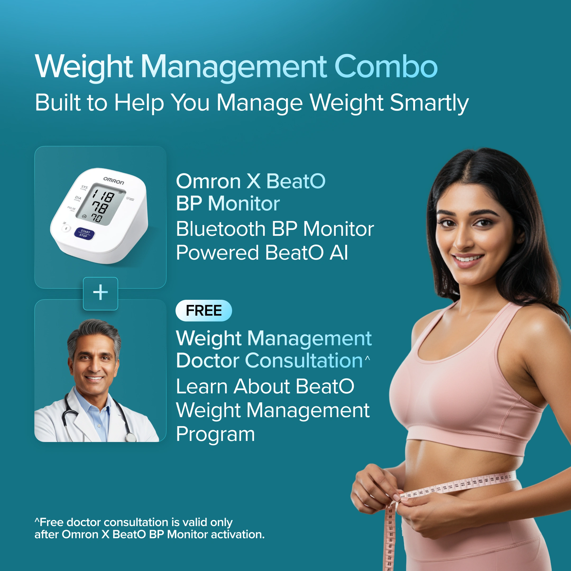 Advertisement for Omron X BeatO BP Monitor with a woman measuring her waist and a doctor, on a teal background.