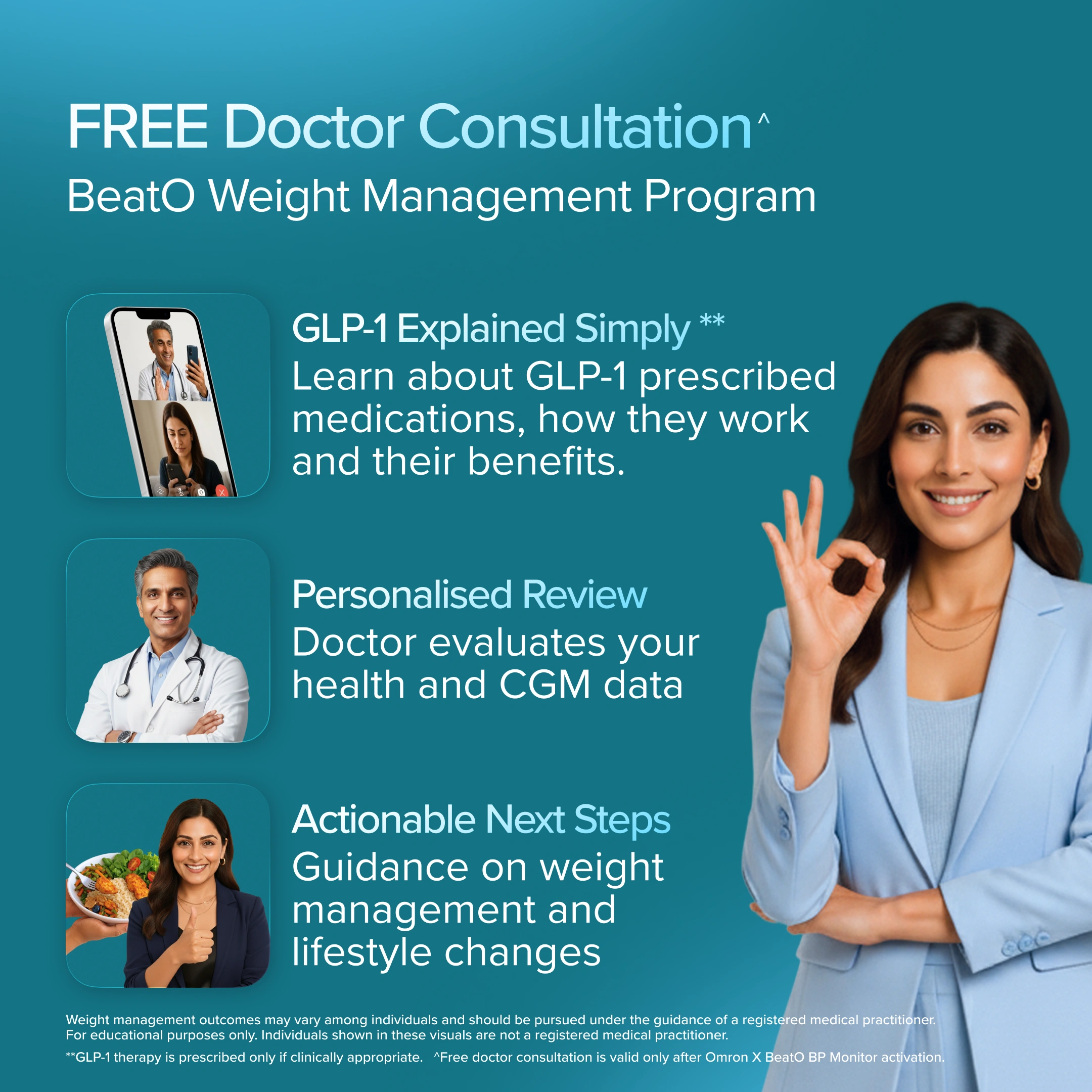 Advertisement for a weight management program with a doctor and woman on a blue background