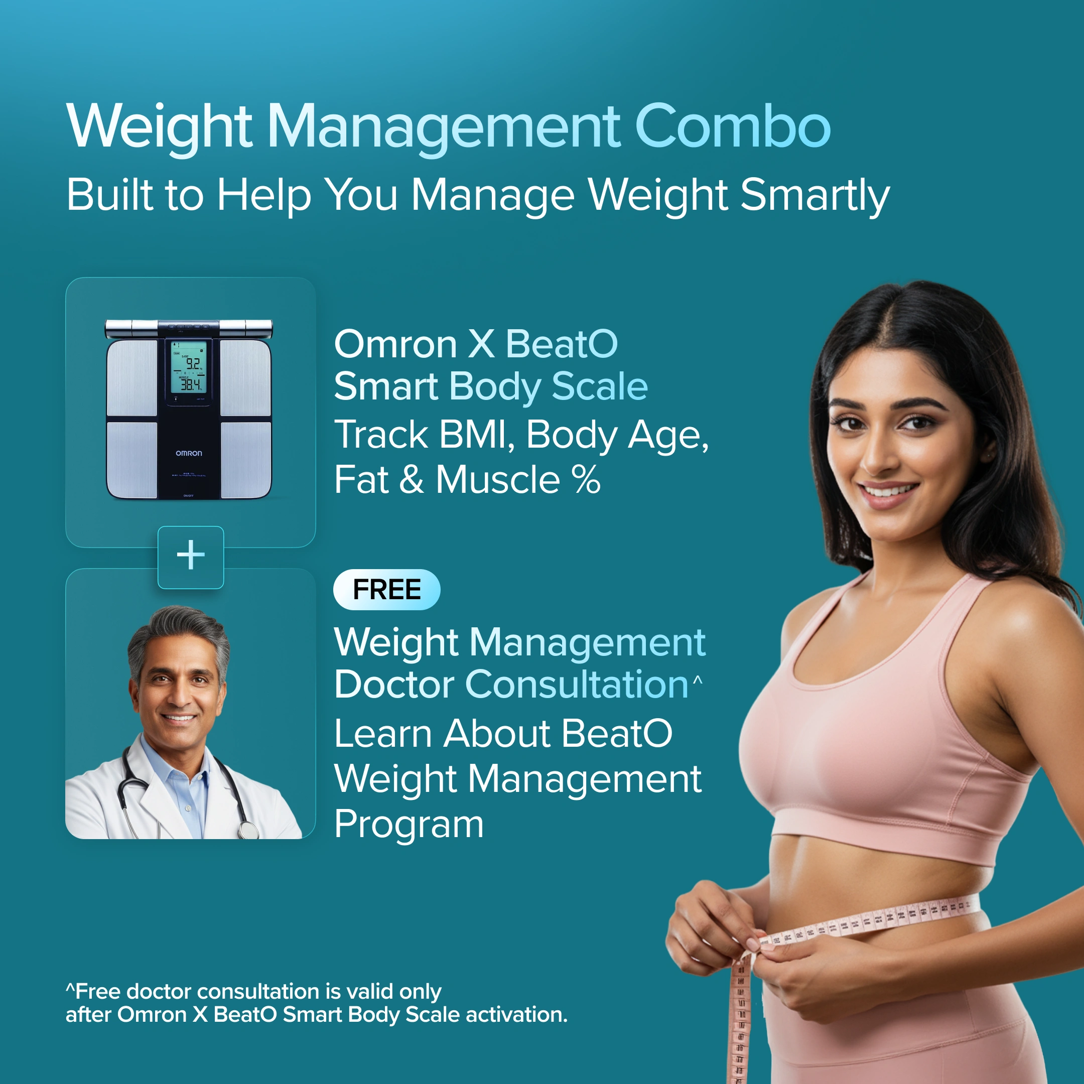 Advertisement for Omron X BeatO Smart Body Scale with a woman measuring her waist, set against a teal background.