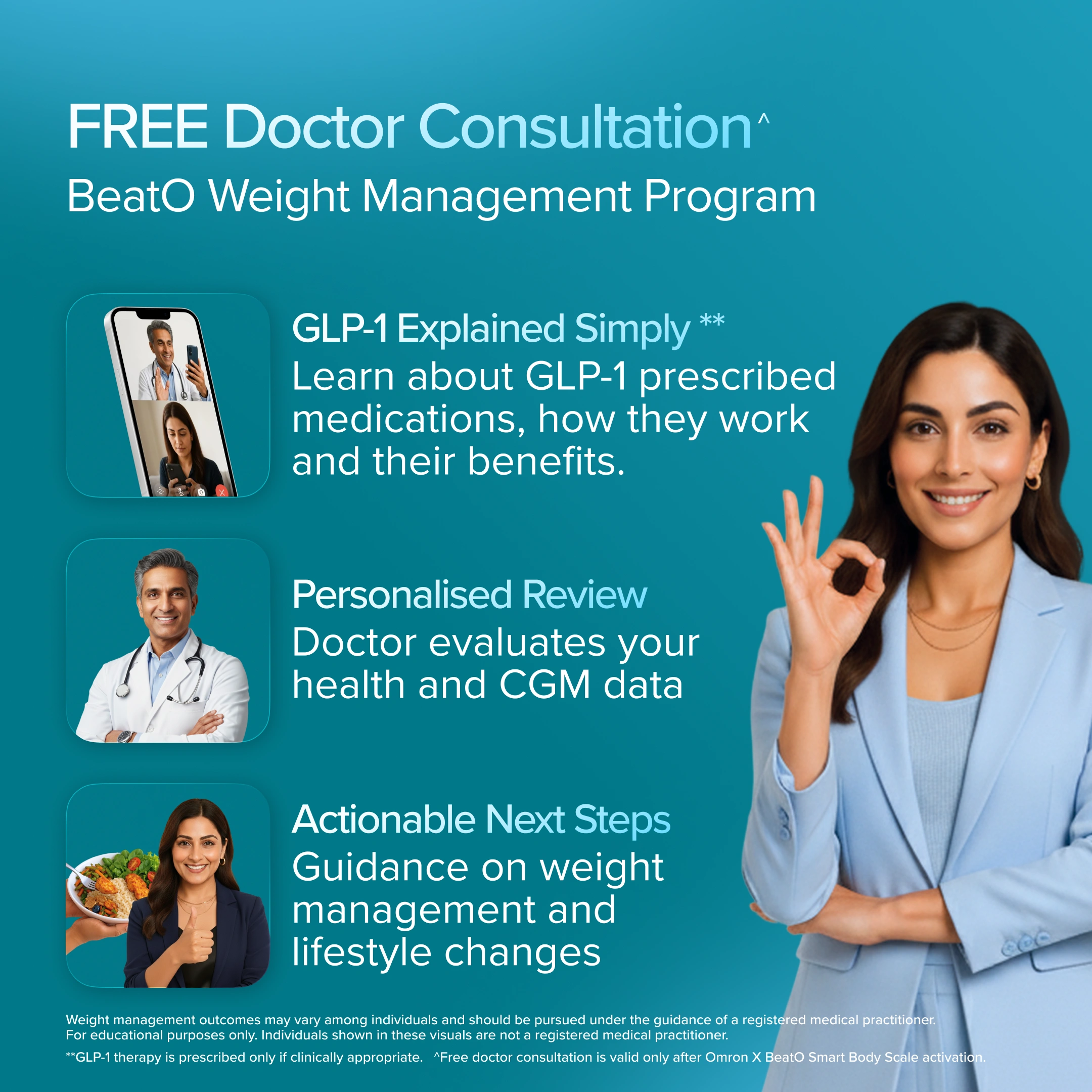 Advertisement for a weight management program with a doctor and a woman in a blue suit on a teal background.