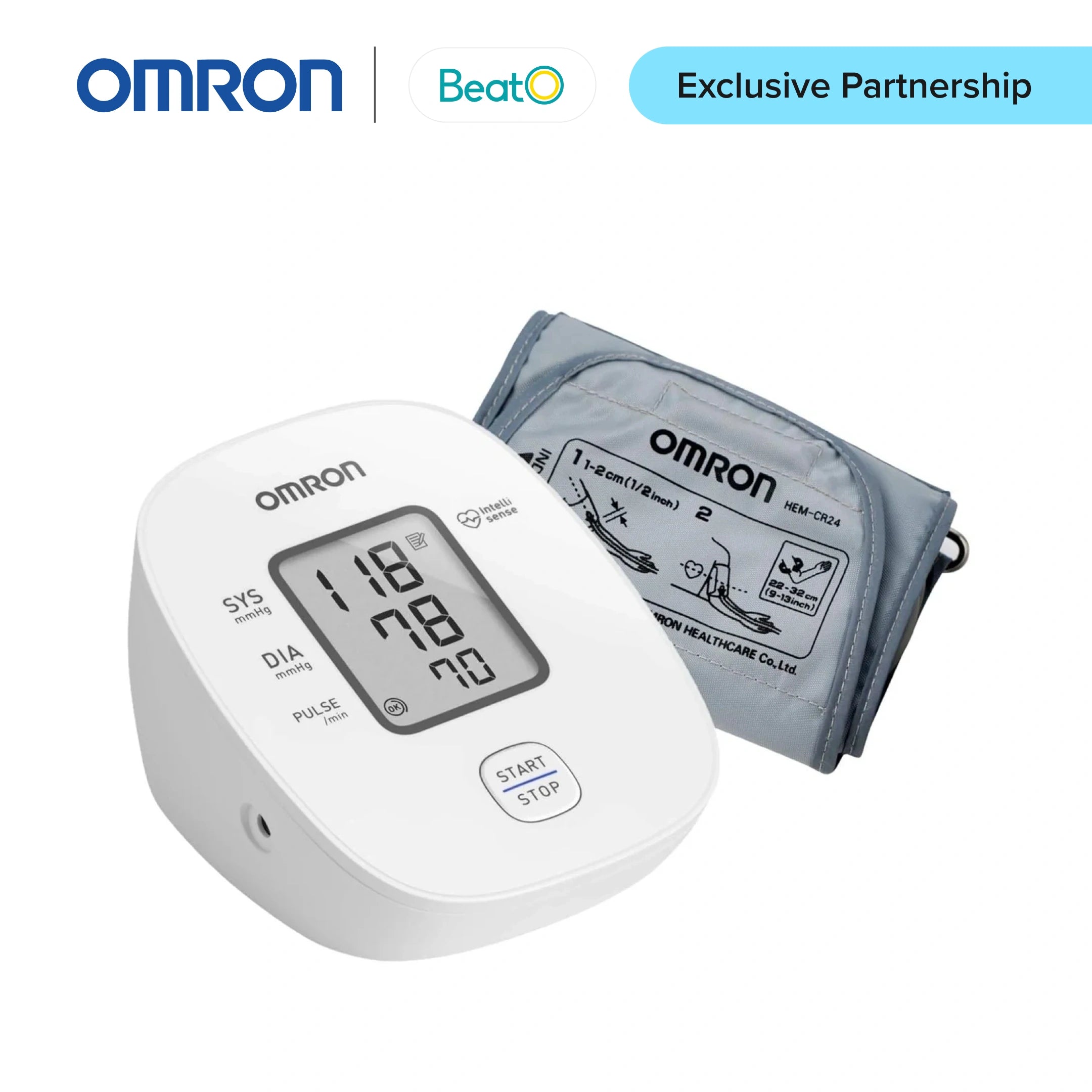 Omron blood pressure monitor with digital display on a white background