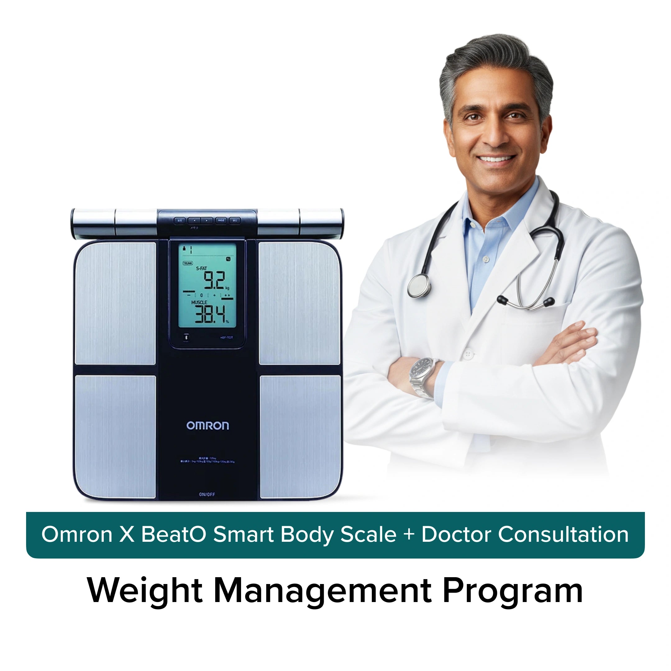 Omron X BeatO Smart Body Scale with a doctor standing next to it, promoting a weight management program.