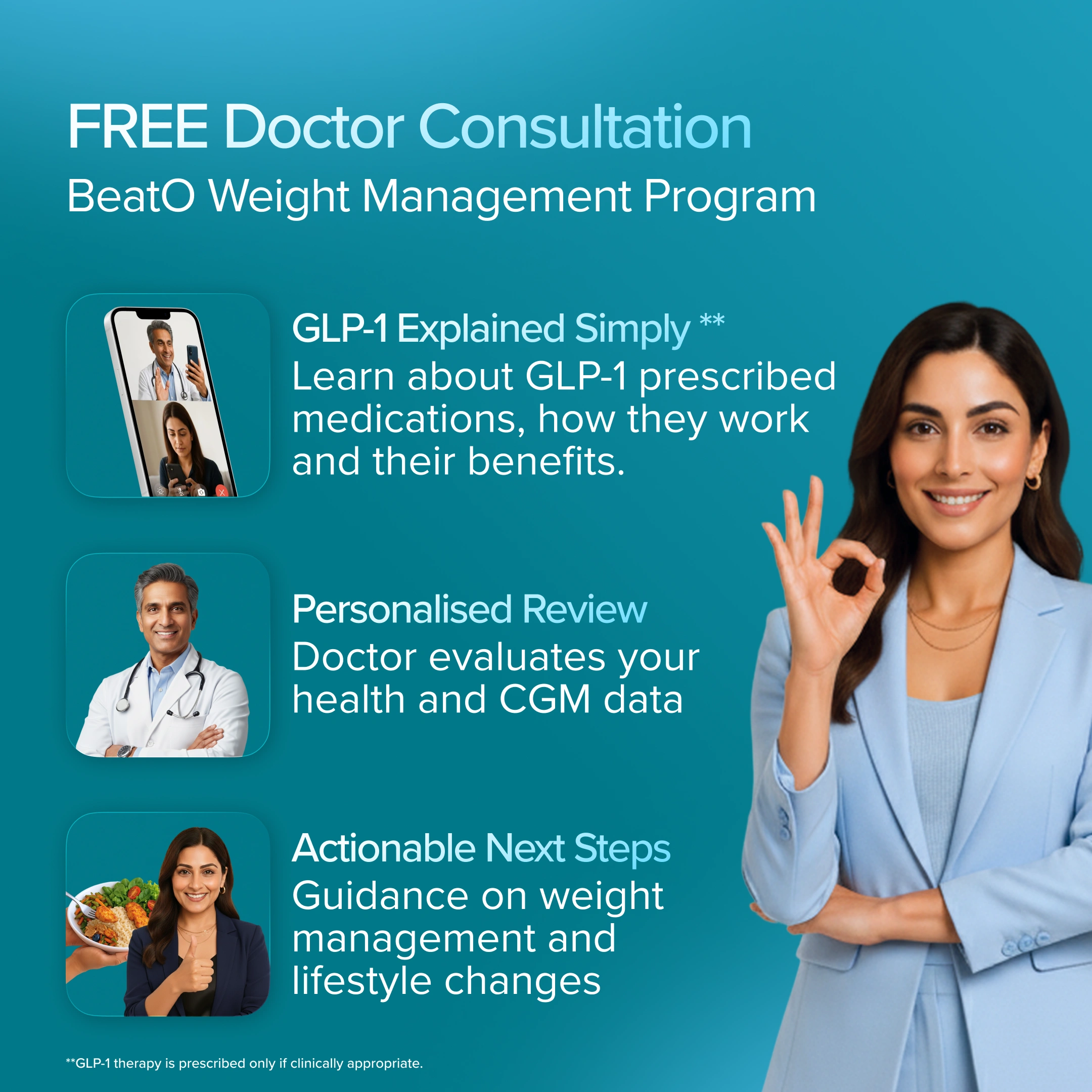 Advertisement for a weight management program with a woman in a blue suit and text about GLP-1 and doctor consultations.
