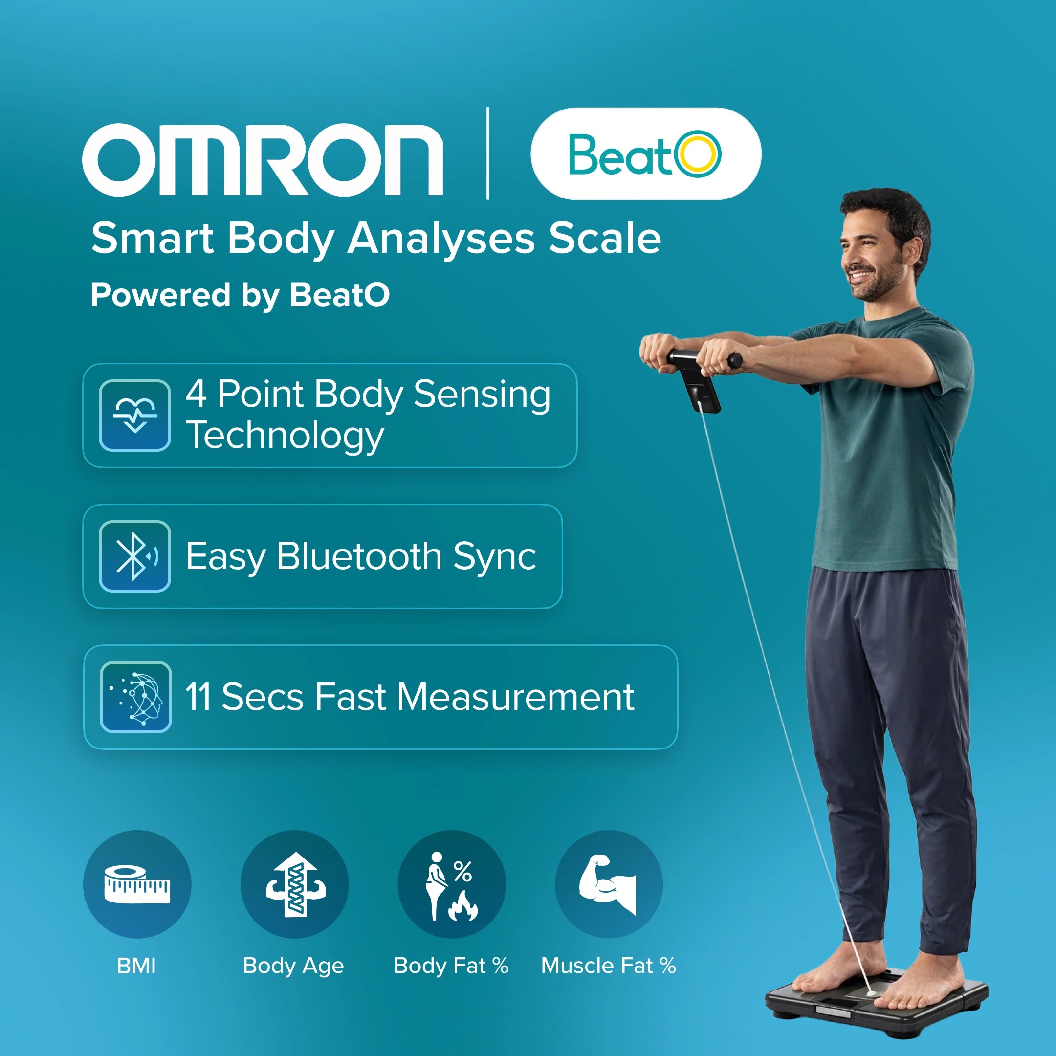 Omron smart body analysis scale with a man using it on a blue background