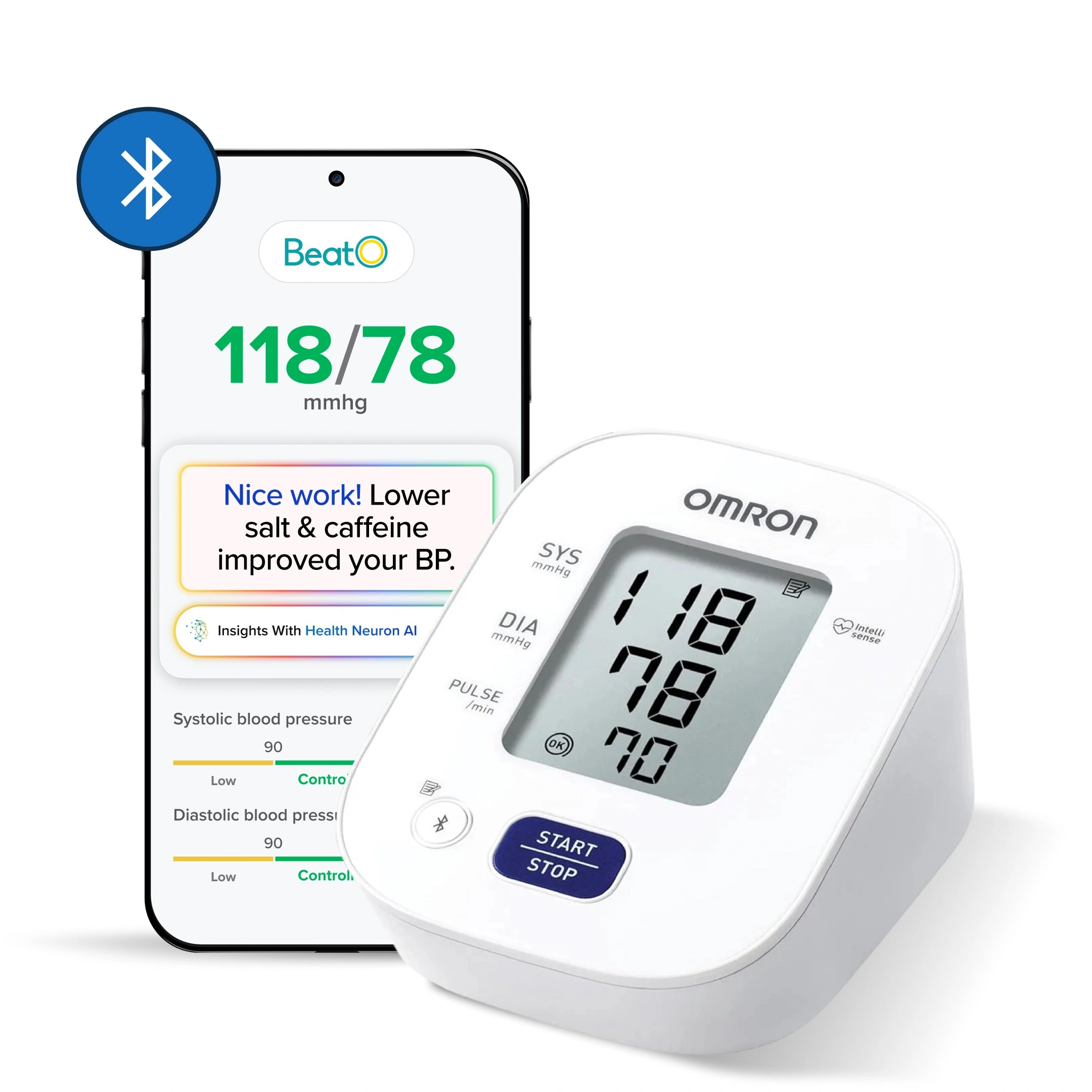 Omnron blood pressure monitor with smartphone displaying blood pressure readings and app interface.