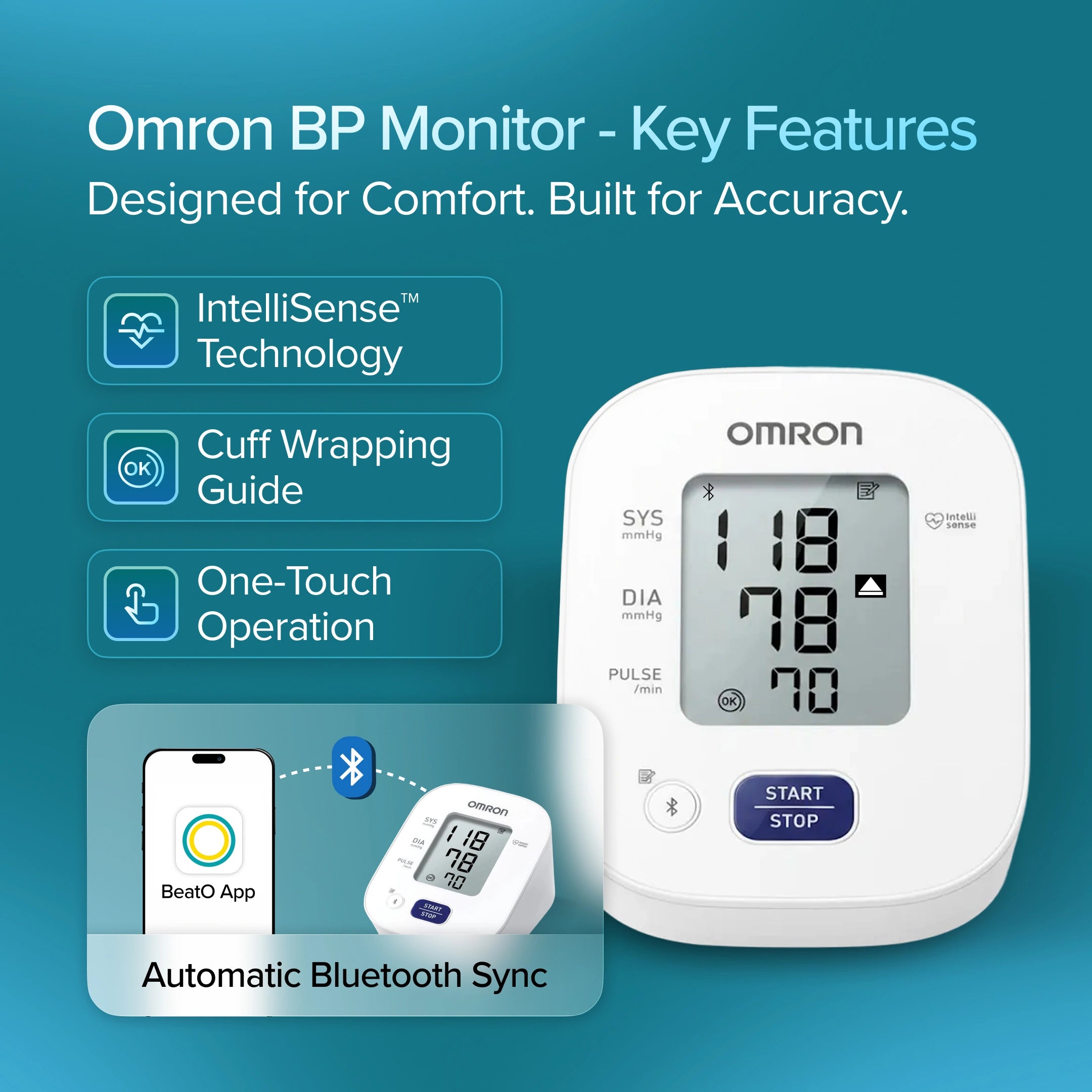 Omron blood pressure monitor with key features highlighted on a blue background