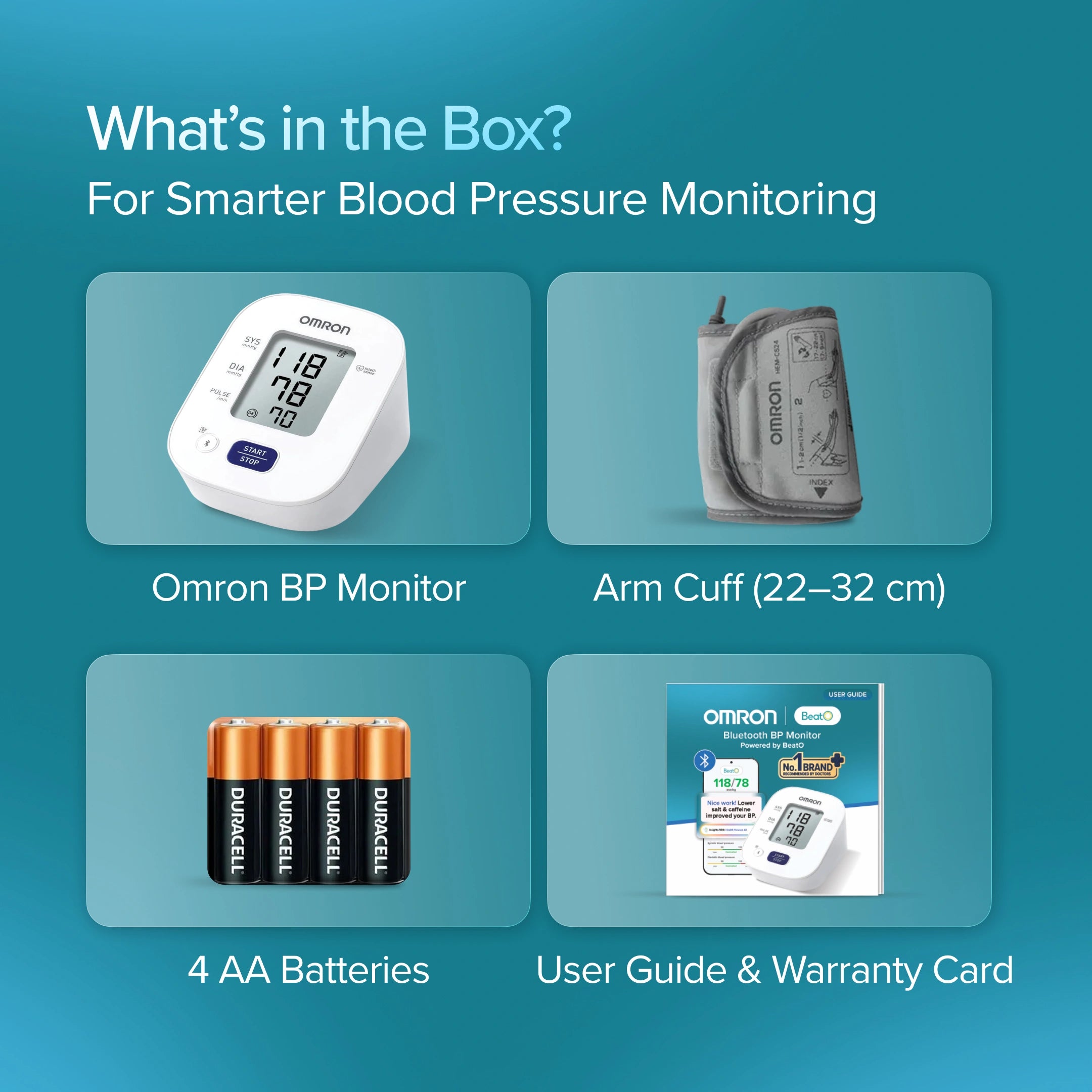 Omron blood pressure monitoring kit with monitor, arm cuff, batteries, and user guide on a blue background.