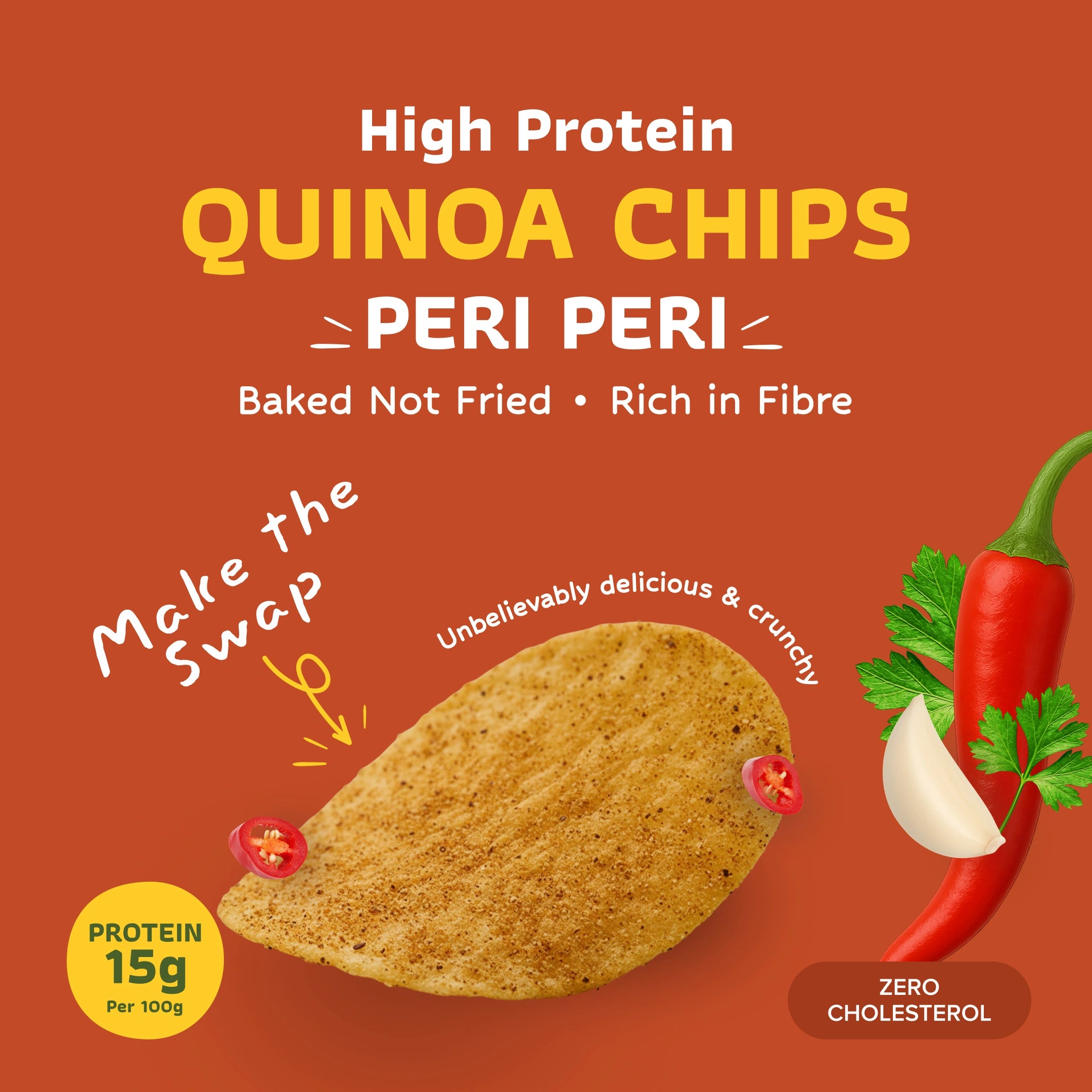 Quinoa chips with peri peri flavor on an orange background, featuring text about health benefits and ingredients.