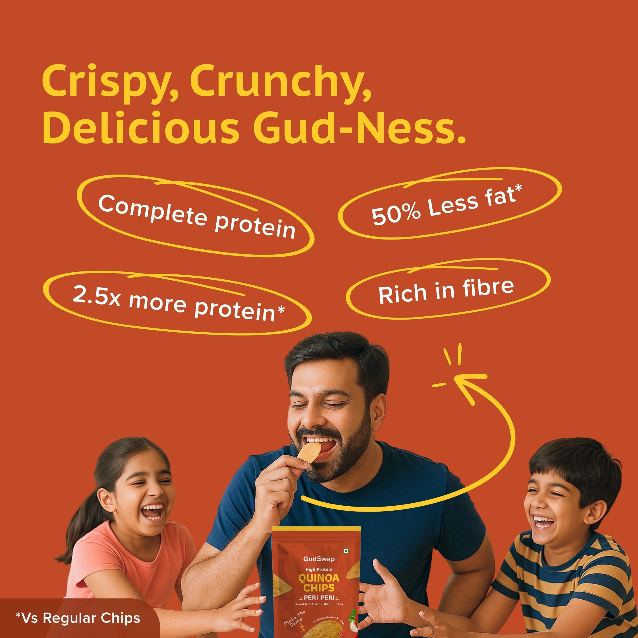 Man eating chips with two children, promotional text about health benefits on an orange background
