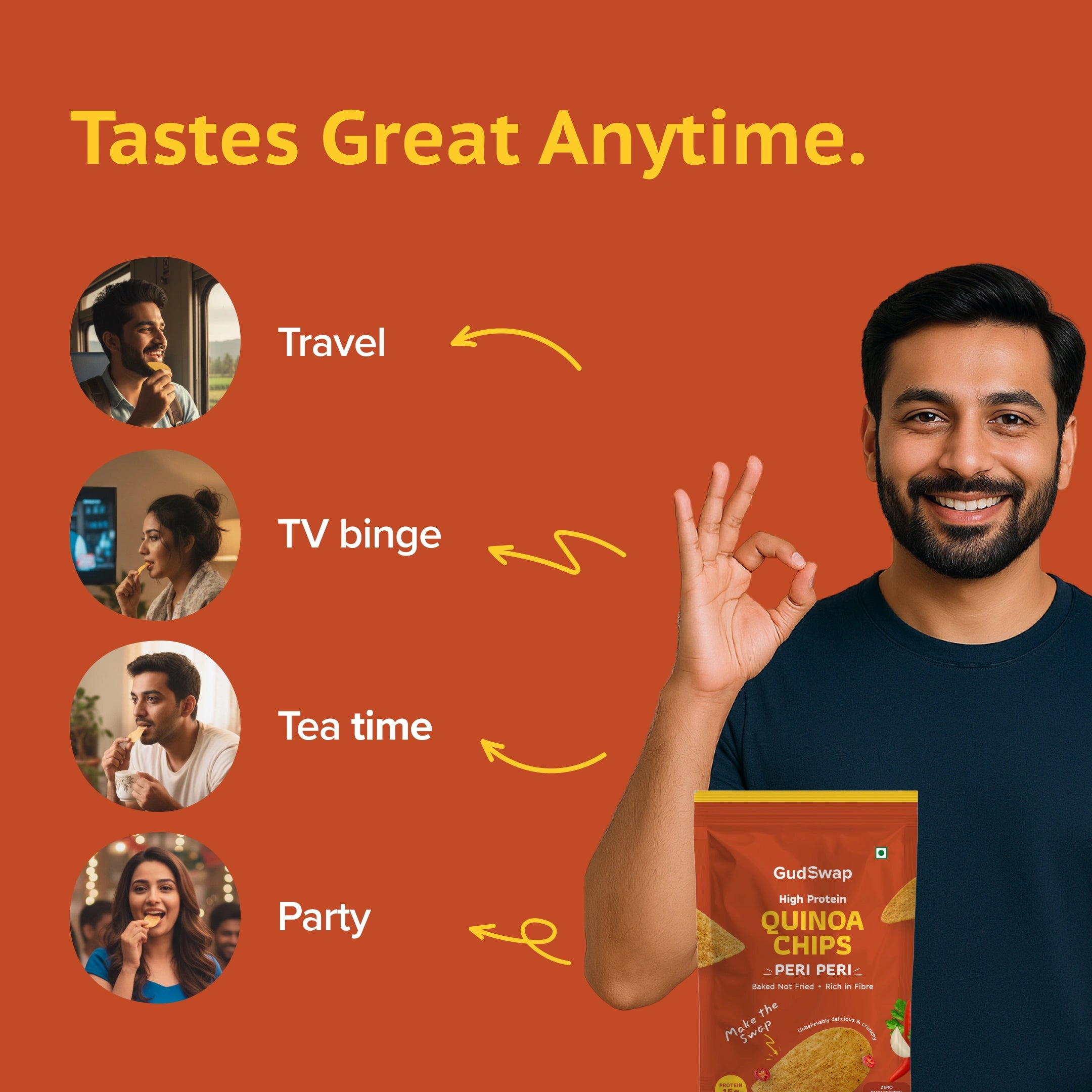 Man holding a package of GudSwap Quinoa Chips with lifestyle images and text on an orange background