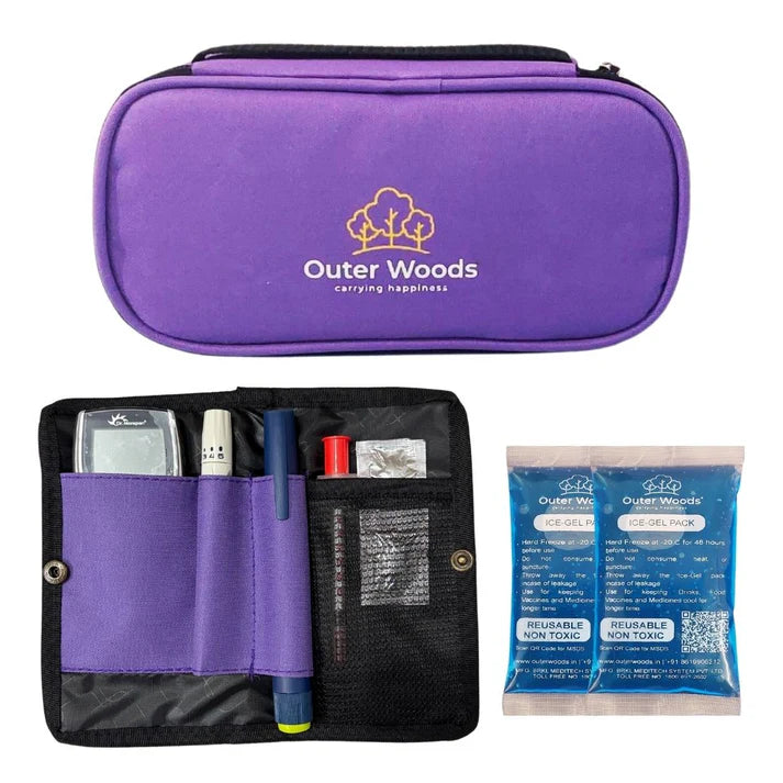 Purple carrying case with Outer Woods logo, open to show contents, and a small blue package on a white background.