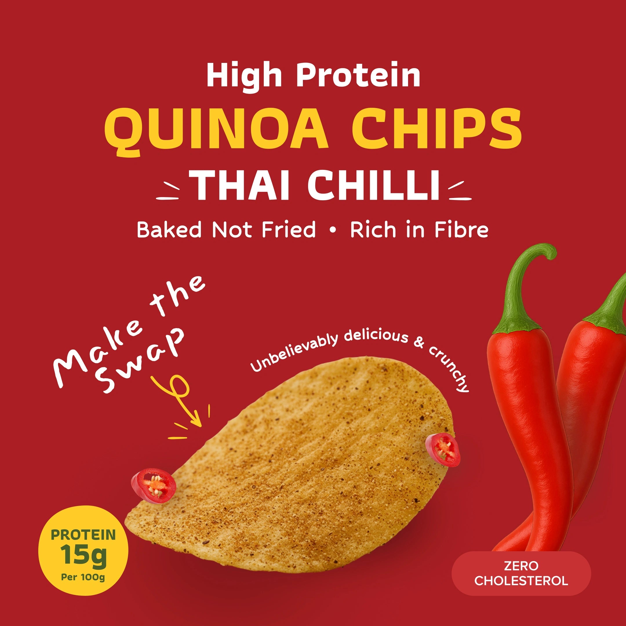 Quinoa chips with Thai chilli flavor on a red background