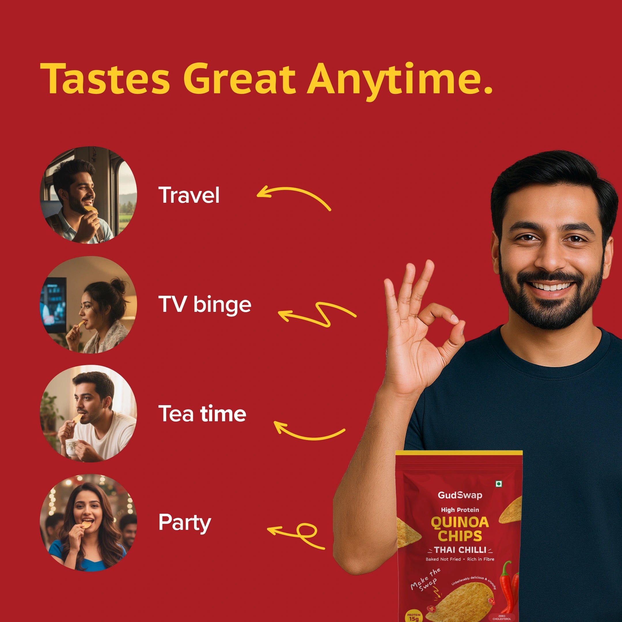 Man holding a snack package with lifestyle images and text on a red background