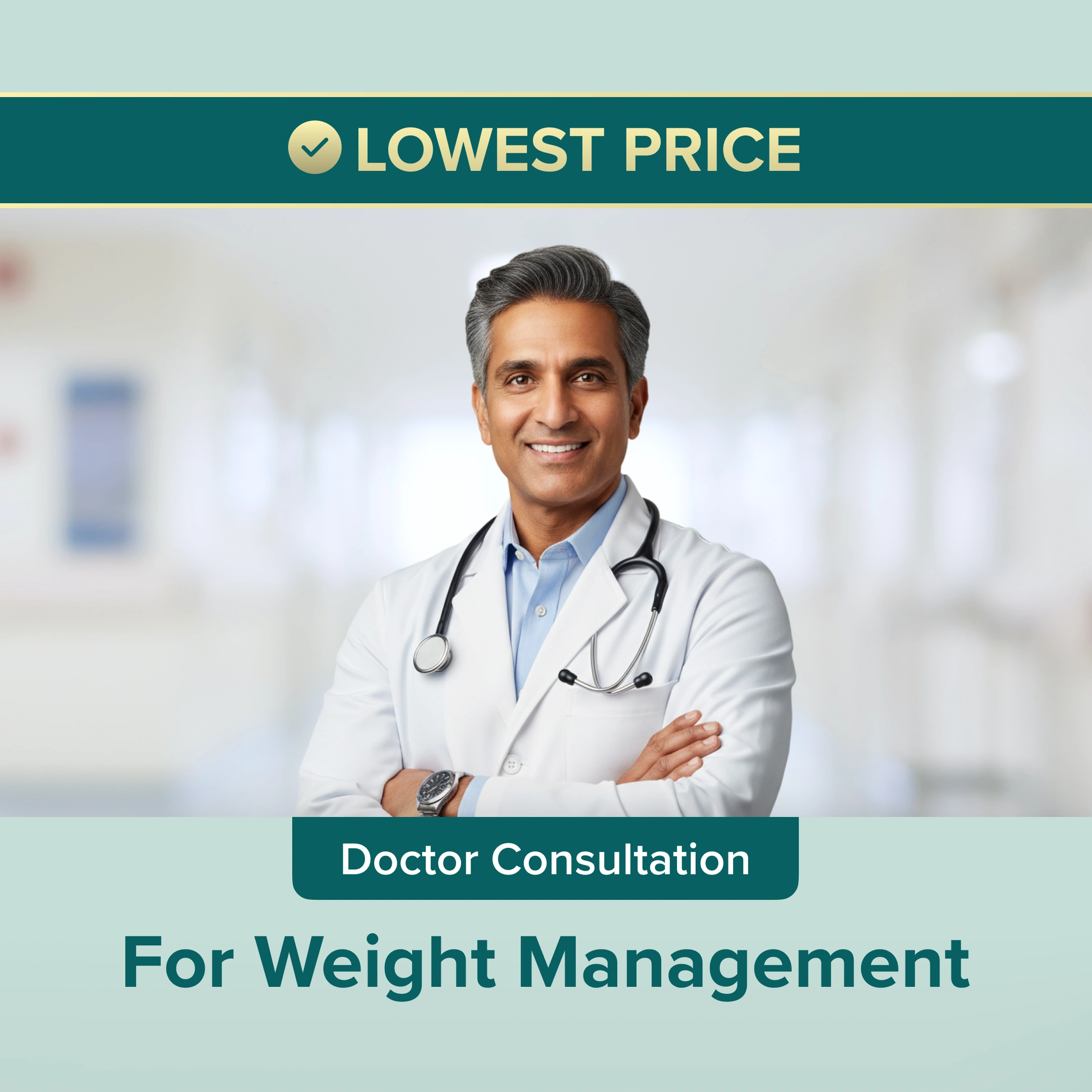 Doctor in a white coat with arms crossed, promoting doctor consultation for weight management.