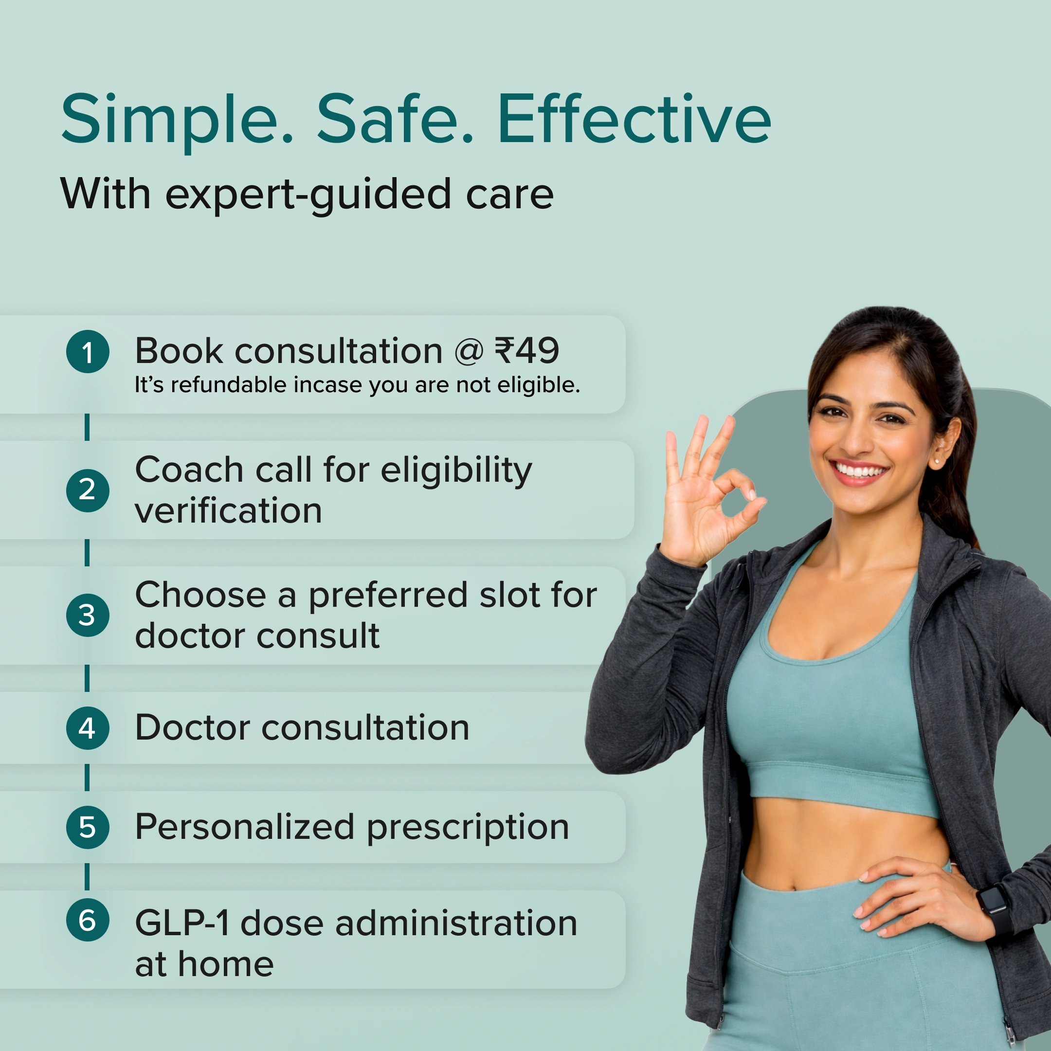 Woman in athletic wear with a health care process flowchart on a light green background