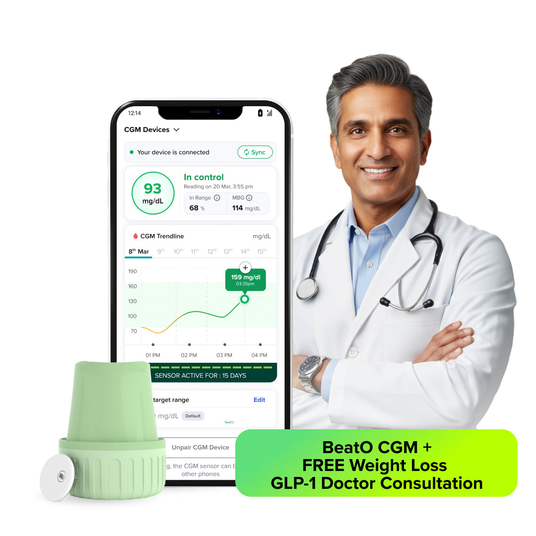 BeatO CGM + Free GLP-1 Weight Loss Doctor Consultation | 15-Day Real-Time Glucose Tracking | One-Push Application | Bluetooth Connected | Weight Loss & Metabolic Insights