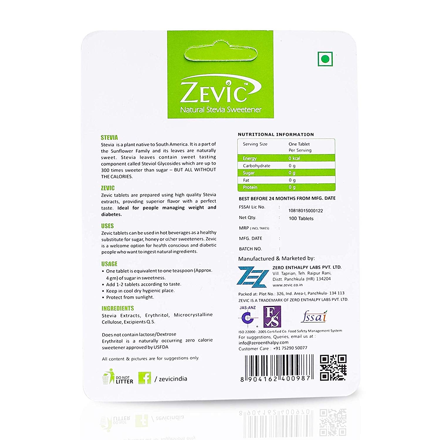 Zevic Sugar Free Stevia White Tablet ( 100 Tablets )